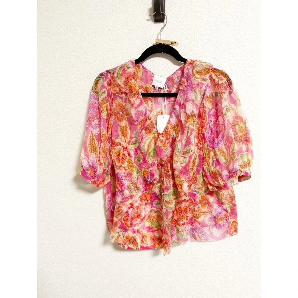 Jade Johnny Was Marcia Ruffle Blouse Silk V Neck Puff Sleeve Floral Pink‎ Large